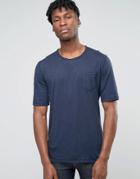 Sisley Raw Neck T-shirt With Pocket In Slub Fabric - Navy