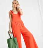 Asos Design Tall Tie Shoulder Smock Jumpsuit In Pop Orange