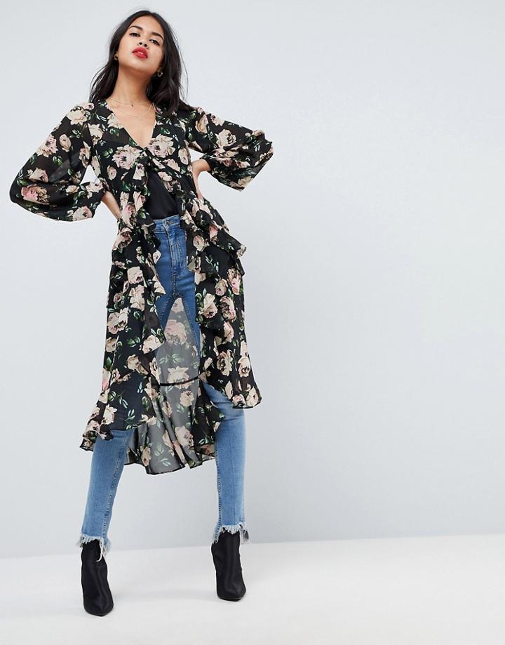 Asos Ultimate Maxi Ruffle Tea Blouse In Floral - Multi