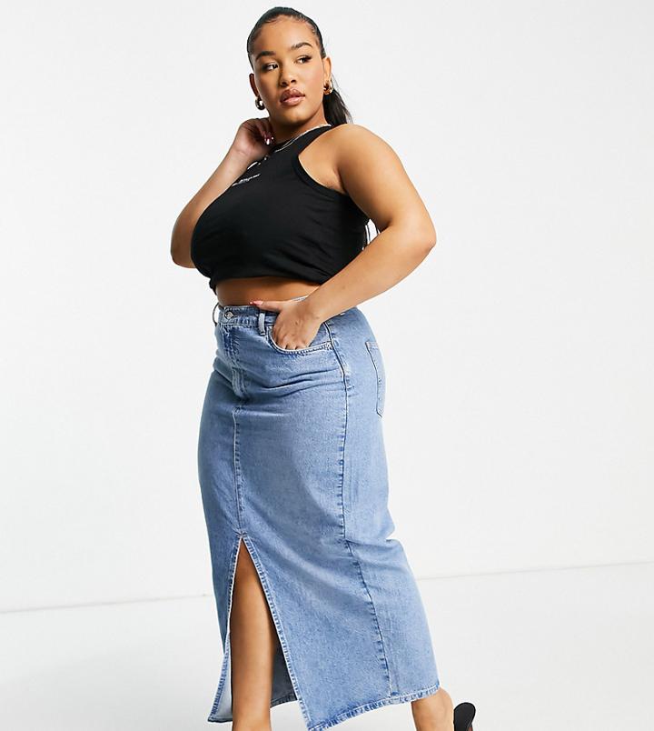 Asos Design Curve Denim '90's' Maxi Skirt In Midwash-blues