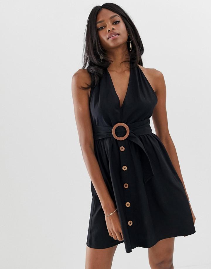 Asos Design Halter Neck Mini Button Through Linen Sundress With Buckle - Black