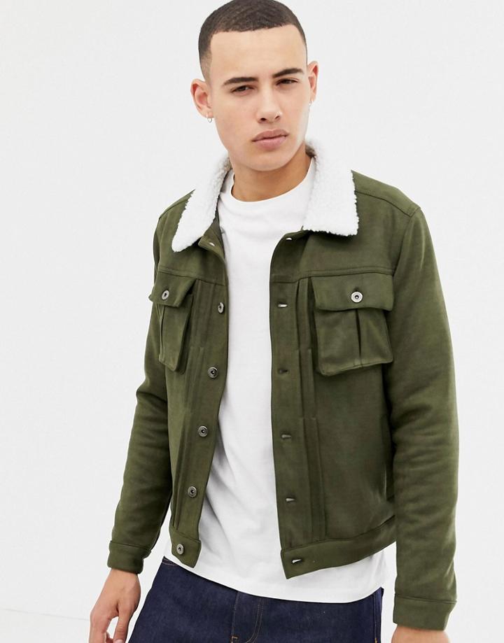 Another Influence Faux Suede Jacket With Fleece Collar - Green