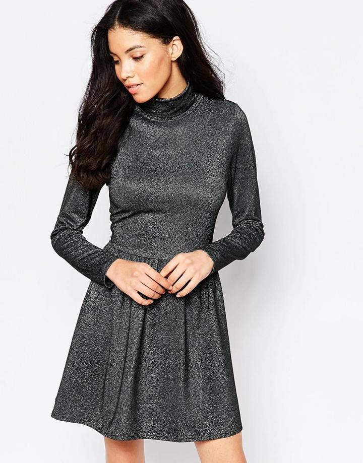 Brave Soul Metallic High Neck Skater Dress - Black