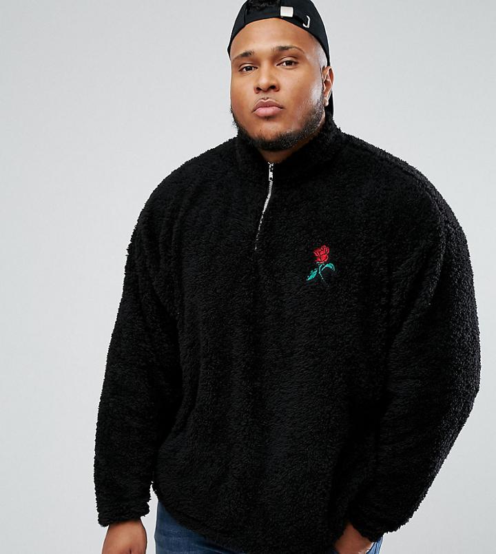 Asos Plus Borg Oversized Half Zip Sweatshirt With Rose Embroidery - Black