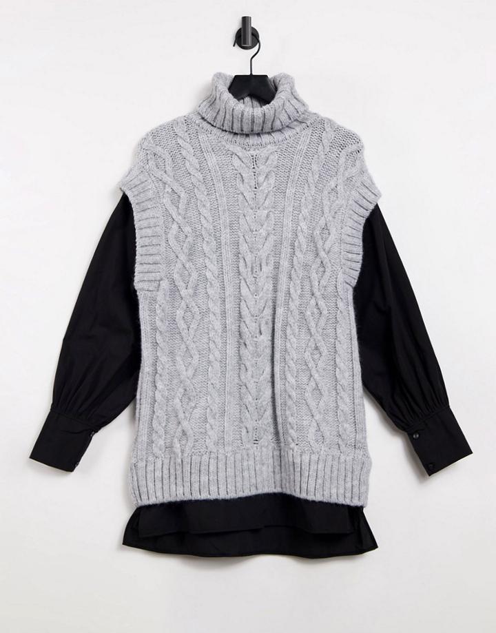 River Island Cable Knit Hybrid Shirt Tunic Top In Gray-grey