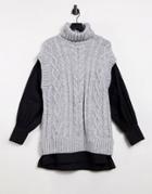 River Island Cable Knit Hybrid Shirt Tunic Top In Gray-grey