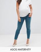 Asos Maternity Ridley High Waist Skinny Jeans In Fleur Light Green Cast With Under The Bump Waistband - Blue