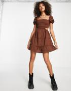 Bershka Poplin Puff Sleeve Midi Dress With Cut Out Detail In Brown
