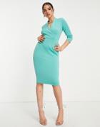 Closet London Wrap Front Scuba Midi Pencil Dress In Jade Green