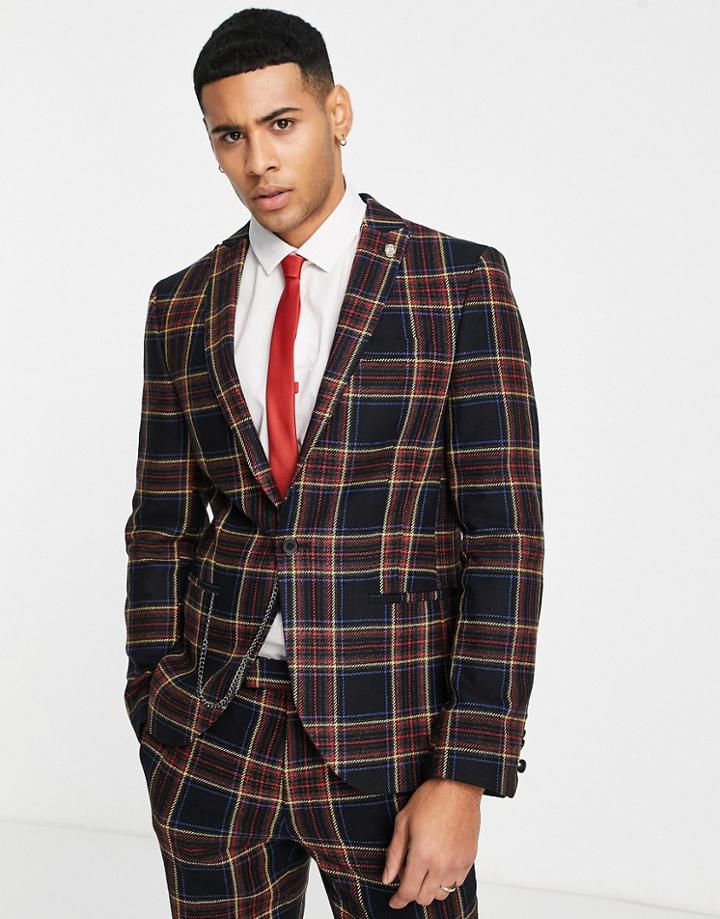 Twisted Tailor Greco Skinny Suit Jacket In Black And Red Check