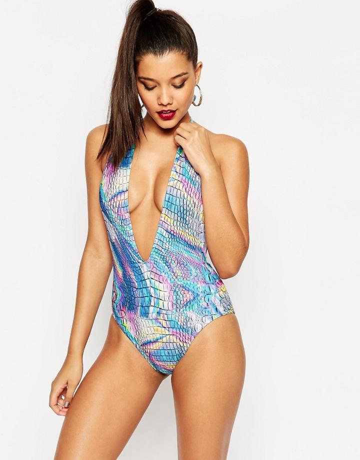 Jaded London Plunge Holographic Plunge Swimsuit - Multi