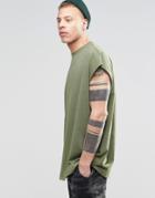 Asos Super Oversized Sleeveless T-shirt With Dropped Armhole And Raw Edge In Green - Moss