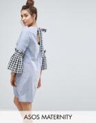 Asos Maternity Shift Dress In Chambray With Gingham Sleeve - Blue