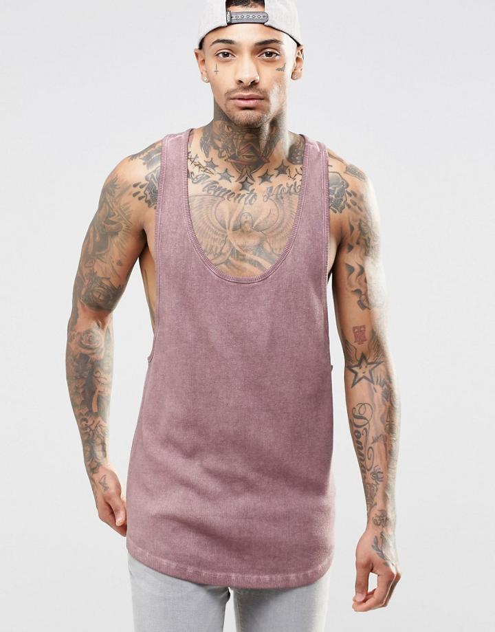 Asos Oil Wash Rib Tank With Extreme Racer Back In Pink - Pink