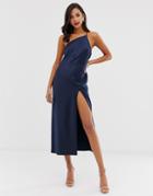 Asos Design One Shoulder Satin Midaxi Dress With Drape Back In Navy