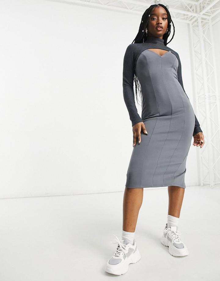 Asos Design Ribbed Crop Overlay Midi Pencil Dress In Gray-grey