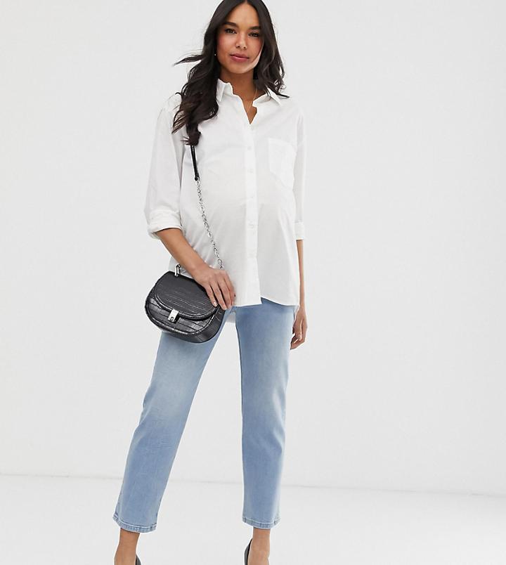Asos Design Maternity Florence Authentic Straight Leg Jeans In Low Stretch Denim In Light Vintage Wash With Side Bump Ba-blue
