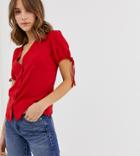 New Look Blouse With Tie Sleeves In Red - White