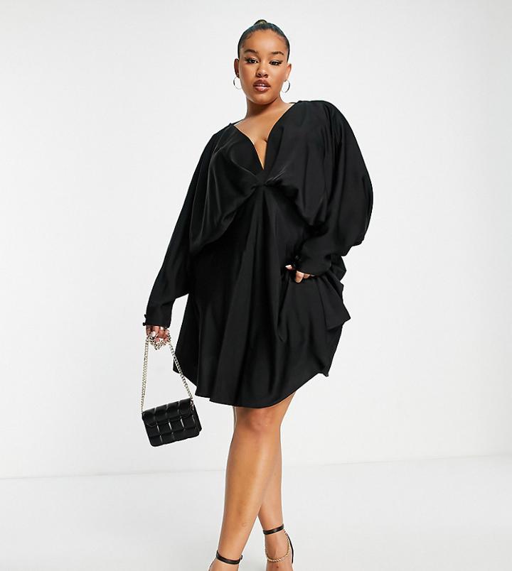 Asos Design Curve Batwing Satin Mini Dress With Bias Cut Skirt And Tie Back In Black