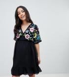 Asos Design Maternity Tiered Mini Dress With Floral Embroidery-multi