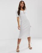 Asos Design Short Sleeve Scoop Neck Midi Dress With Button Detail - Cream