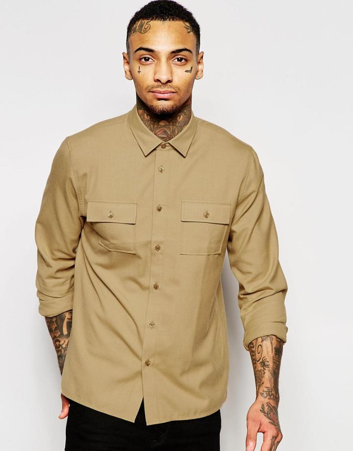 Asos Camel Military Shirt With Double Pockets And Long Sleeves - Camel