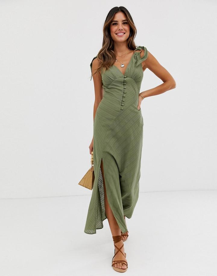 Asos Design Bias Cut Button Front Maxi Dress With Wooden Rings - Green