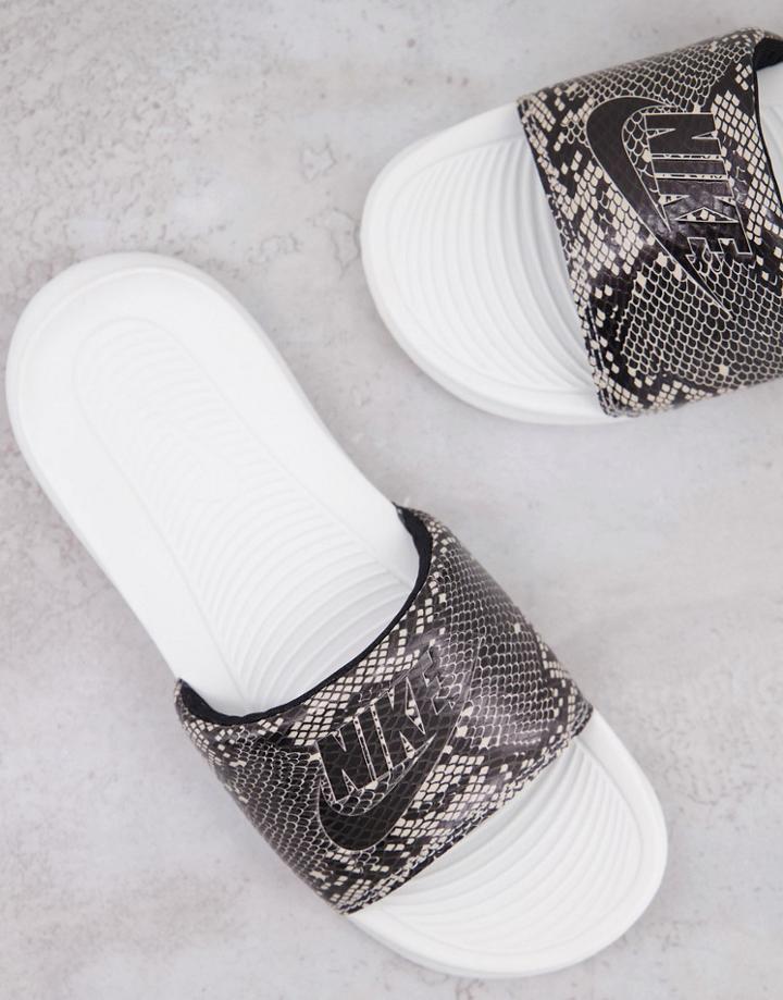 Nike Victori One Reptile Print Slides In White/desert Sand