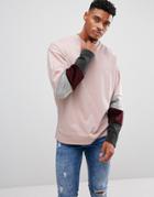Asos Oversized Sweatshirt With Velour Color Blocking Sleeve Panels - Pink