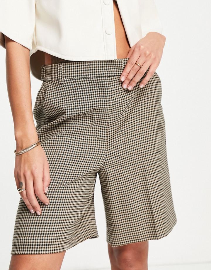 Topshop Checked City Shorts In Brown-multi