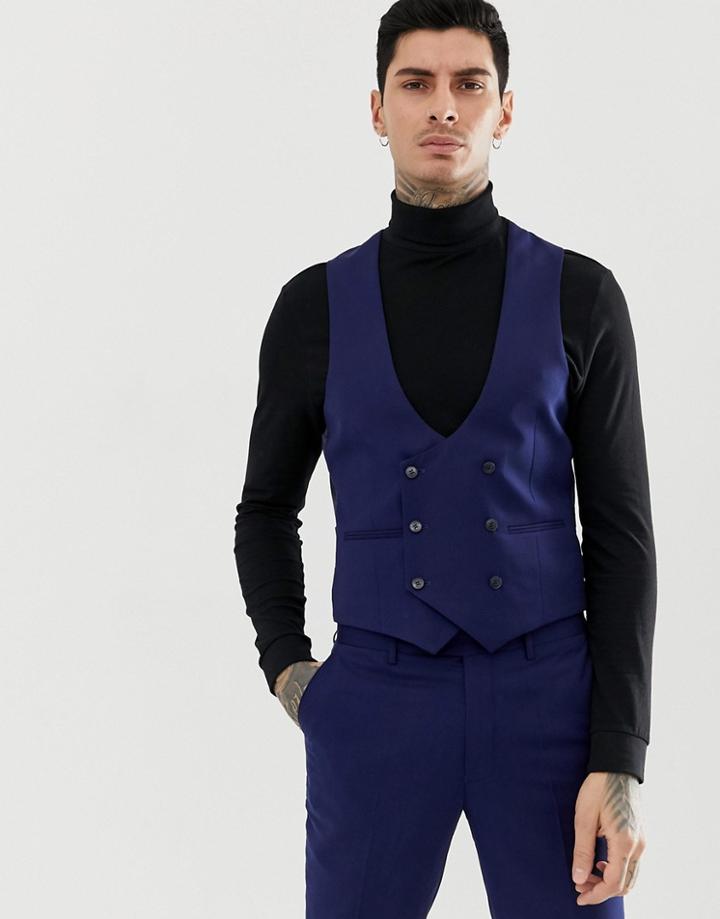 Gianni Feraud Slim Fit Perfect Navy Wool Blend Double Breasted Scoop Suit Vest