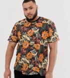 Asos Design Plus Relaxed T-shirt With All Over Floral Print In Linen Look-black