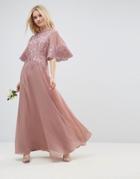 Asos Wedding Lace Applique Flutter Sleeve Maxi Dress - Beige