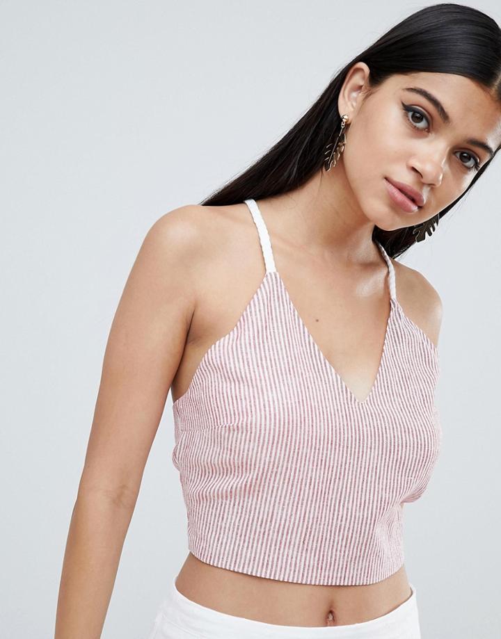 Asos Design Lace Up Back Sun Top In Red Cotton Stripe - Multi