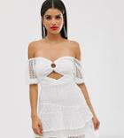 Asos Design Tall Bardot Mini Dress In Broderie Lace With Circle Trim Detail-white
