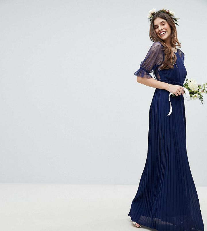 Tfnc Pleated Maxi Bridesmaid Dress With Spot Mesh Frill Detail-navy