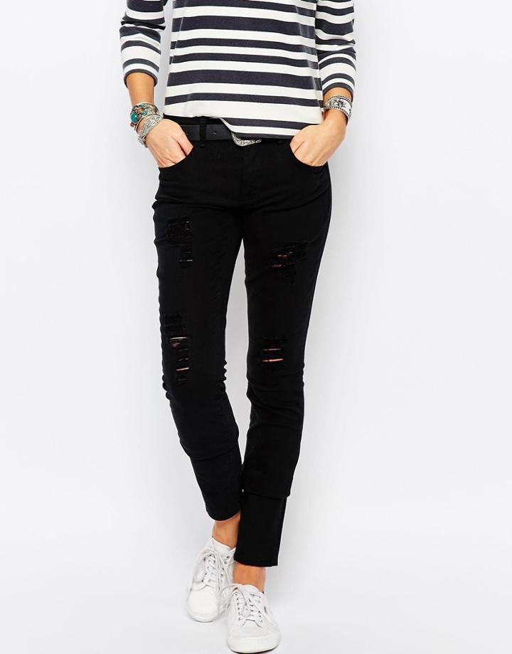 Only Mid Rise Skinny Jeans With Distressing - Black