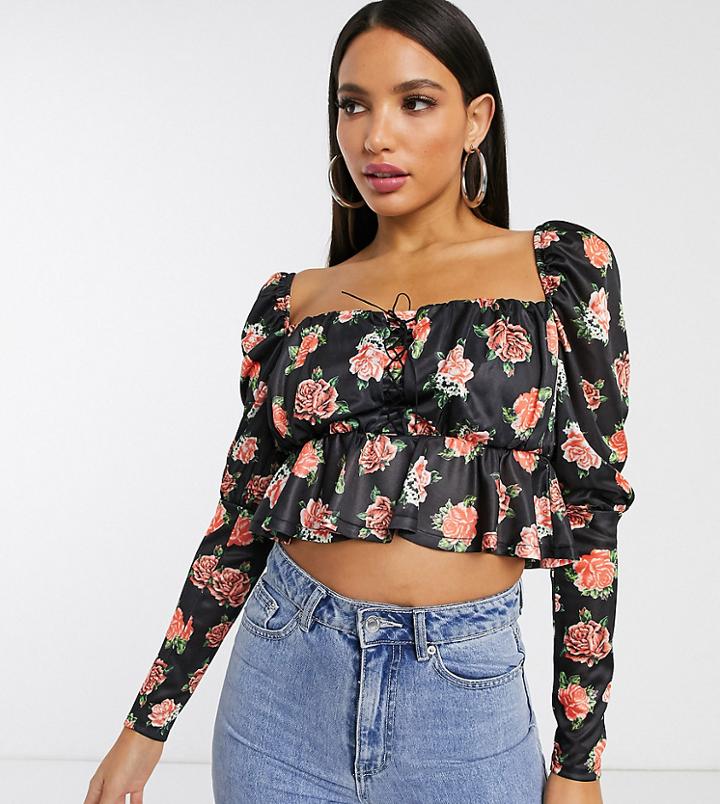 Asos Design Tall Square Neck Top With Peplum Hem In Rose Print-black