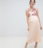 Little Mistress Maternity Embroidered Top Midi Pleated Dress In Cream Multi