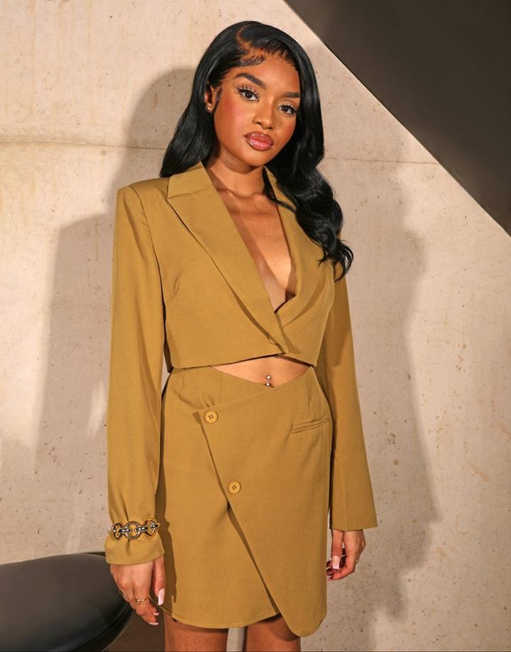 Public Desire X Kenza Cropped Boxy Blazer In Khaki - Part Of A Set-green