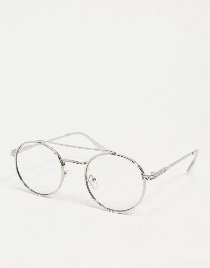 Asos Design Metal Round Clear Lens Blue Light Glasses With Brow Bar In Silver