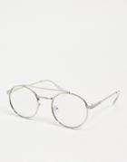 Asos Design Metal Round Clear Lens Blue Light Glasses With Brow Bar In Silver