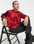 Asos Design Satin Shirt With Pussybow Tie Neck In Recycled Polyester In Deep Red