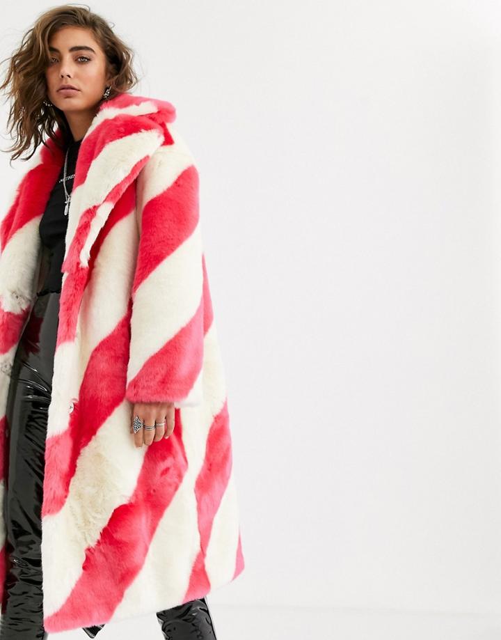 Jakke Long Coat In Faux Fur Candy Stripe-pink