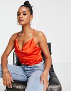 Parisian Satin Cami Strap Top With Cowl Neck In Orange