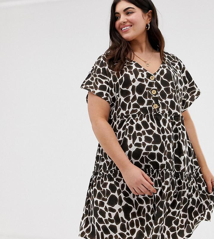 Influence Plus Smock Dress With Button Down Front In Giraffe Print - Multi