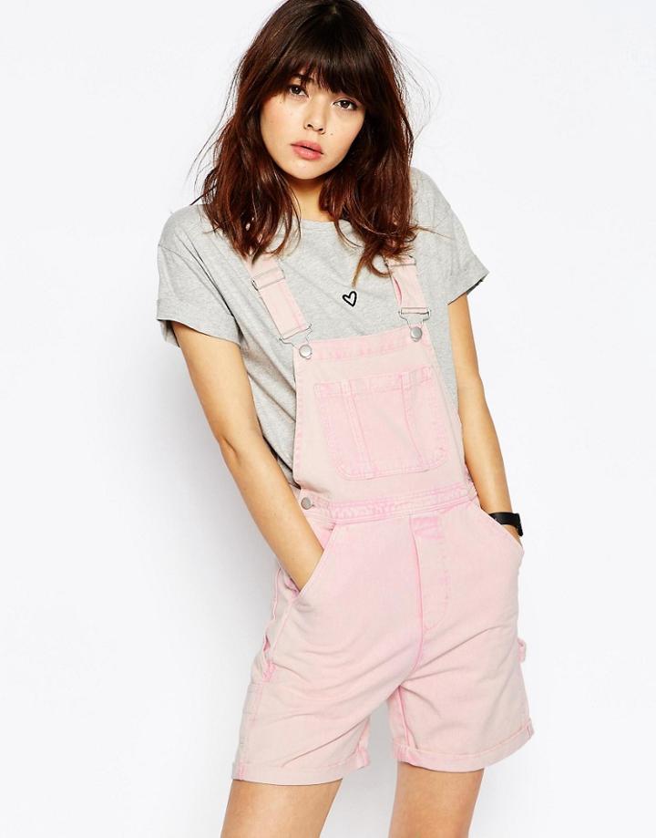 Asos Denim Short Overall In Pink Acid Wash - Pink