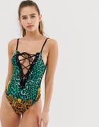 Asos Design Recycled Lace Up Plunge Swimsuit In Animal Baroque Print - Multi