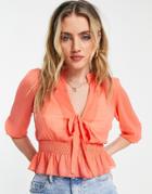 Asos Design Sheer Long Sleeve Top With Shirred Waist In Coral-orange