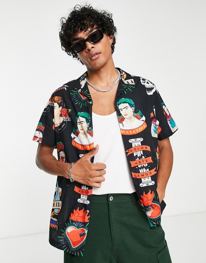 Asos Design Relaxed Revere Shirt In Linen Look Frida Kahlo Print-black